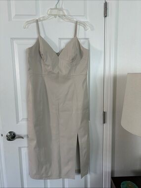 Faux leather Beige V-Neck Slip Dress with Front Slit